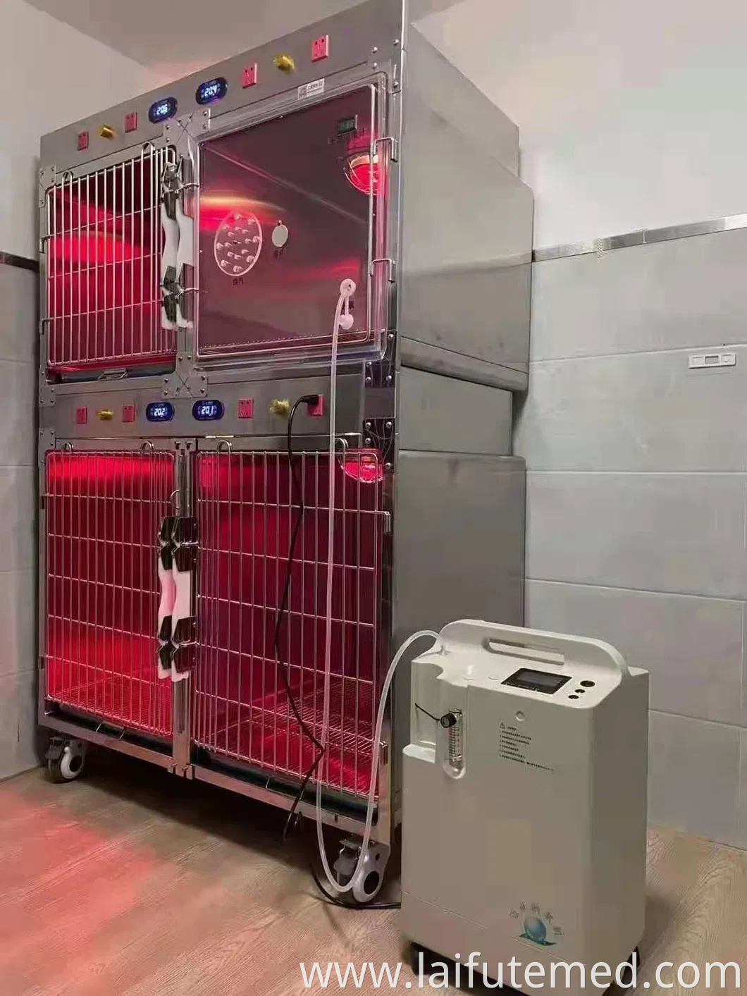 Animal Vet Pet Hospital Clinic Dog Cat Stainless Steel Veterinary Therapy Oxygen Infrared Warm Heated Cage with IV Pole
